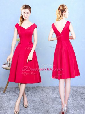 Red Empire Ruching Bridesmaid Gown Zipper Satin Cap Sleeves Tea Length