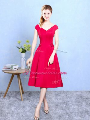 Red Empire Ruching Bridesmaid Gown Zipper Satin Cap Sleeves Tea Length