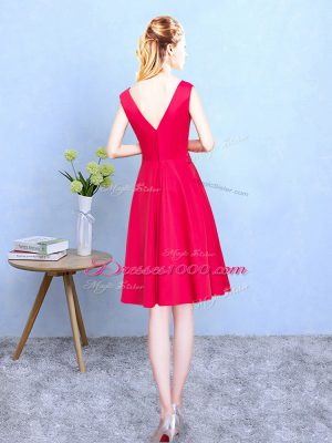 Red Empire Ruching Bridesmaid Gown Zipper Satin Cap Sleeves Tea Length