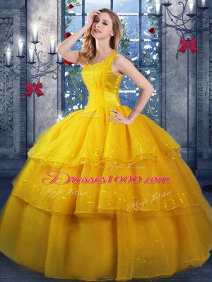 Floor Length Ball Gowns Sleeveless Gold Quinceanera Gown Lace Up