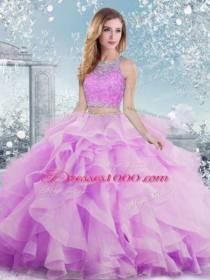 Lilac Ball Gowns Beading and Ruffles Vestidos de Quinceanera Clasp Handle Organza Sleeveless Floor Length