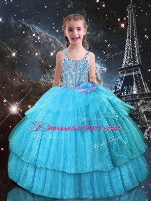 Aqua Blue Sleeveless Organza Lace Up Little Girls Pageant Gowns for Quinceanera and Wedding Party
