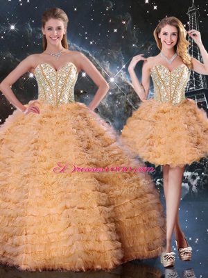 Perfect Sleeveless Beading and Ruffled Layers Lace Up Quince Ball Gowns