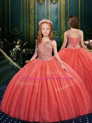 Glorious Watermelon Red Scoop Neckline Appliques Little Girls Pageant Dress Wholesale Sleeveless Lace Up