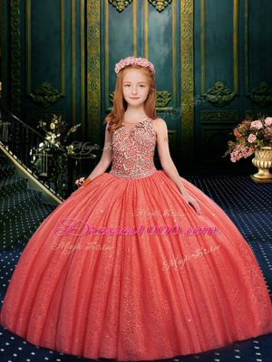 Glorious Watermelon Red Scoop Neckline Appliques Little Girls Pageant Dress Wholesale Sleeveless Lace Up