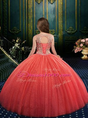 Glorious Watermelon Red Scoop Neckline Appliques Little Girls Pageant Dress Wholesale Sleeveless Lace Up