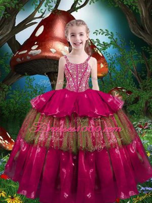 Best Sleeveless Lace Up Floor Length Beading and Ruffled Layers Little Girls Pageant Dress