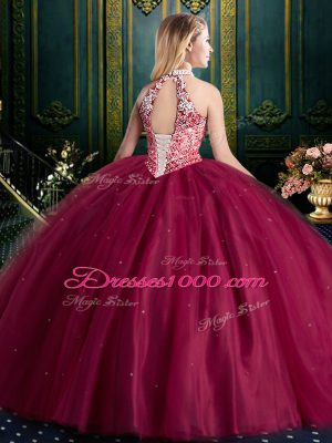 Halter Top Beading and Lace and Appliques Quince Ball Gowns Burgundy Lace Up Sleeveless Floor Length