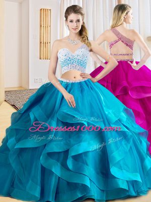 Fashionable Baby Blue Two Pieces Beading and Ruffles Quinceanera Gown Criss Cross Tulle Sleeveless Floor Length