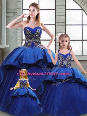 Blue Sweetheart Lace Up Beading and Appliques and Embroidery Quince Ball Gowns Court Train Sleeveless