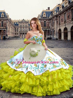 Top Selling Yellow Green Sleeveless Organza and Taffeta Lace Up Quinceanera Dress for Military Ball and Sweet 16 and Quinceanera