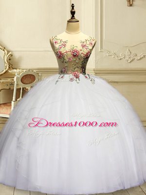 Deluxe Floor Length Ball Gowns Sleeveless White Quince Ball Gowns Lace Up
