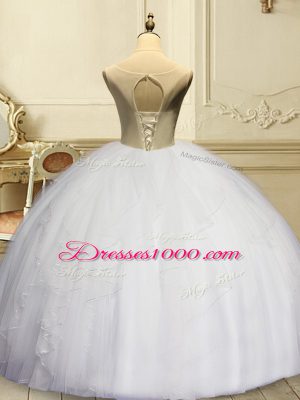 Deluxe Floor Length Ball Gowns Sleeveless White Quince Ball Gowns Lace Up