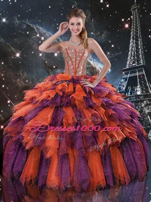 Floor Length Lace Up Quinceanera Gowns Multi-color for Military Ball and Sweet 16 and Quinceanera with Beading and Ruffles and Ruffled Layers