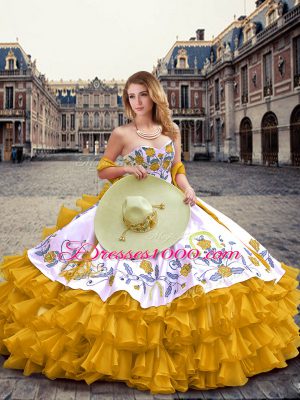 Eye-catching Floor Length Gold Quinceanera Dress Organza Sleeveless Embroidery and Ruffled Layers