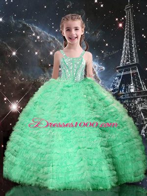 Apple Green Tulle Lace Up Pageant Gowns For Girls Sleeveless Floor Length Beading and Ruffled Layers