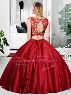 Fashionable Scoop Sleeveless Sweet 16 Dresses Floor Length Lace and Ruching Wine Red Taffeta