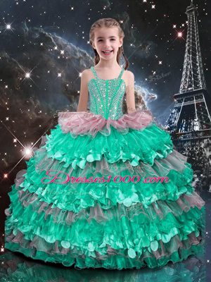 Top Selling Straps Sleeveless Lace Up Kids Formal Wear Turquoise Organza