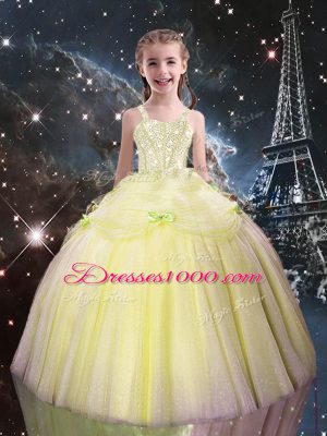 Excellent Light Yellow Tulle Lace Up Straps Sleeveless Floor Length Girls Pageant Dresses Beading