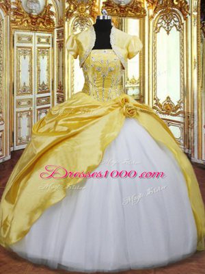 Designer Gold Sleeveless Floor Length Beading and Hand Made Flower Lace Up 15 Quinceanera Dress