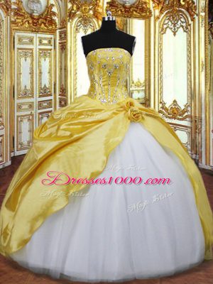 Designer Gold Sleeveless Floor Length Beading and Hand Made Flower Lace Up 15 Quinceanera Dress