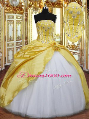 Designer Gold Sleeveless Floor Length Beading and Hand Made Flower Lace Up 15 Quinceanera Dress