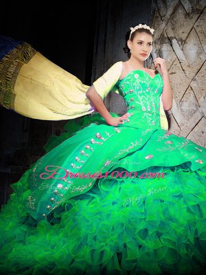 Sumptuous Brush Train Ball Gowns Sweet 16 Dresses Green Sweetheart Organza Sleeveless With Train Lace Up