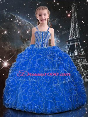 Sleeveless Organza Floor Length Lace Up Quinceanera Dresses in Blue with Beading and Ruffles