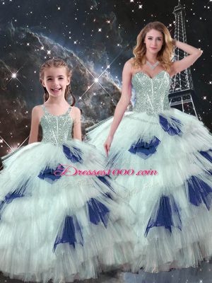 Stunning Blue And White Ball Gowns Beading and Ruffled Layers Quinceanera Gowns Lace Up Organza Sleeveless Floor Length
