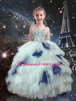 Stunning Blue And White Ball Gowns Beading and Ruffled Layers Quinceanera Gowns Lace Up Organza Sleeveless Floor Length