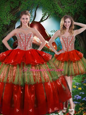 Popular Wine Red Sweetheart Neckline Beading and Ruffled Layers Vestidos de Quinceanera Sleeveless Lace Up