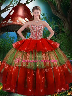 Popular Wine Red Sweetheart Neckline Beading and Ruffled Layers Vestidos de Quinceanera Sleeveless Lace Up