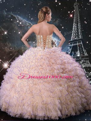 Peach Ball Gowns Organza Sweetheart Sleeveless Beading and Ruffles Floor Length Lace Up Sweet 16 Dresses