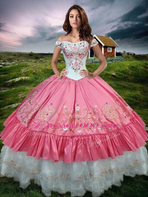 Inexpensive Hot Pink Taffeta Lace Up Sweet 16 Quinceanera Dress Sleeveless Floor Length Beading and Embroidery and Ruffled Layers