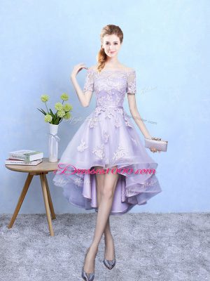 Hot Selling A-line Court Dresses for Sweet 16 Lavender Off The Shoulder Tulle Short Sleeves High Low Lace Up