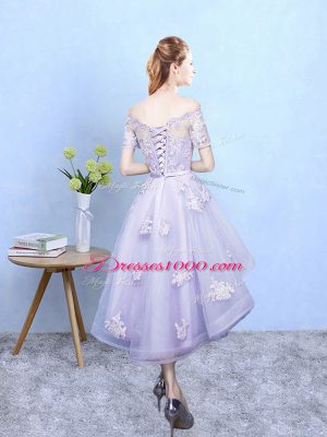 Hot Selling A-line Court Dresses for Sweet 16 Lavender Off The Shoulder Tulle Short Sleeves High Low Lace Up