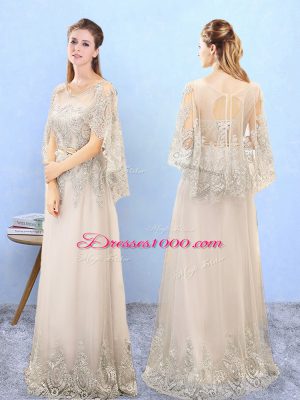 Fine Scoop Half Sleeves Lace Up Wedding Party Dress Champagne Tulle