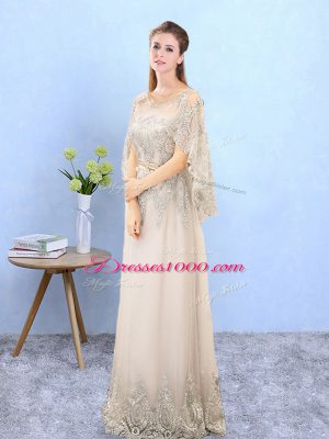 Fine Scoop Half Sleeves Lace Up Wedding Party Dress Champagne Tulle