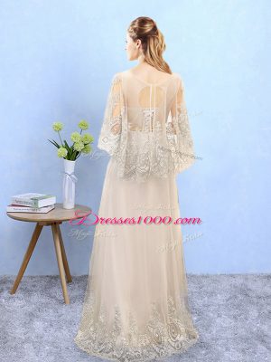 Fine Scoop Half Sleeves Lace Up Wedding Party Dress Champagne Tulle