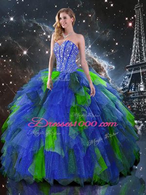 Sleeveless Floor Length Beading and Ruffles Lace Up Sweet 16 Quinceanera Dress with Multi-color