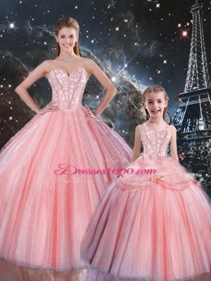 Ball Gowns 15th Birthday Dress Pink Sweetheart Tulle Sleeveless Floor Length Lace Up