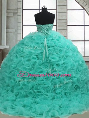 Sleeveless Fabric With Rolling Flowers Brush Train Lace Up Vestidos de Quinceanera in Turquoise with Beading