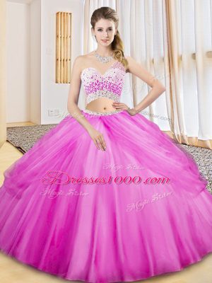 One Shoulder Sleeveless 15th Birthday Dress Floor Length Beading and Ruching and Pick Ups Lilac Tulle