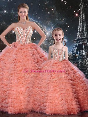 Fantastic Watermelon Red Sleeveless Floor Length Beading and Ruffles Lace Up Quinceanera Gowns