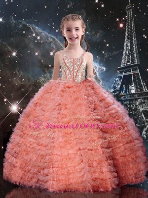 Fantastic Watermelon Red Sleeveless Floor Length Beading and Ruffles Lace Up Quinceanera Gowns