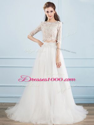 White Scoop Neckline Lace Wedding Dress Half Sleeves Zipper