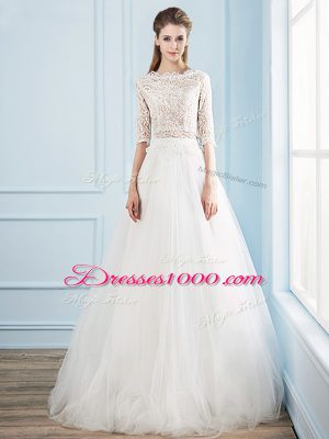 White Scoop Neckline Lace Wedding Dress Half Sleeves Zipper