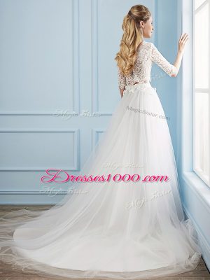 White Scoop Neckline Lace Wedding Dress Half Sleeves Zipper