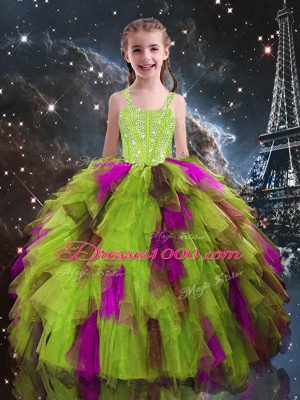 On Sale Yellow Green Ball Gowns Beading and Ruffles Little Girls Pageant Dress Lace Up Tulle Sleeveless Floor Length