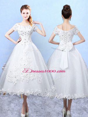 Scoop Short Sleeves Lace Up Damas Dress White Tulle